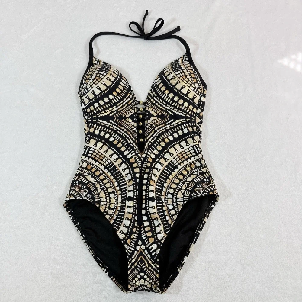 NWT Kenneth Cole Desert Romance Plunging Neck Bathing Suit Halter Size S New